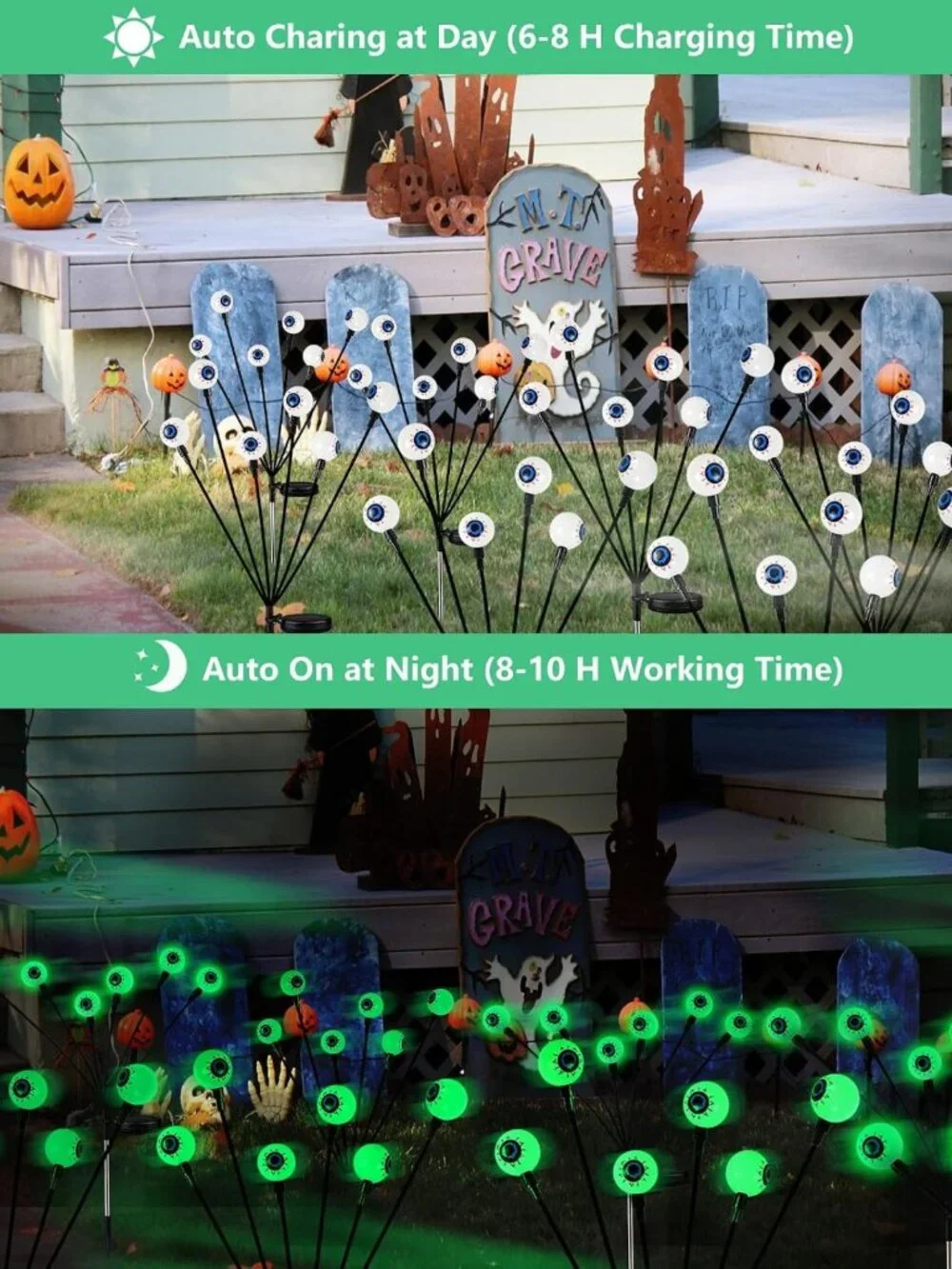 Spooky Solar Halloween Decorations - 6 Pack Green LED Eyeball Lights for
